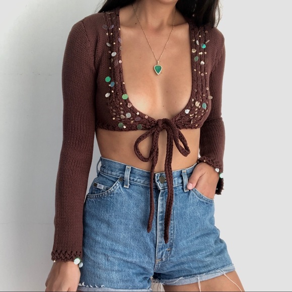 NWT Edge brown front tie knit cropped top S - Picture 2 of 7